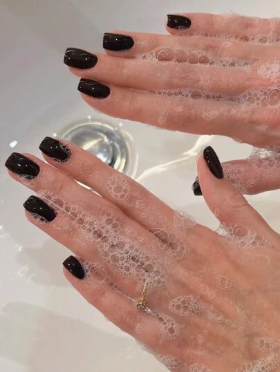 24pcs/Pack Square Nail Stickers, Solid Black Color, Minimalist Style, Suitable For Women & Girls For Daily Wear And Dates Nails Nail Supplies