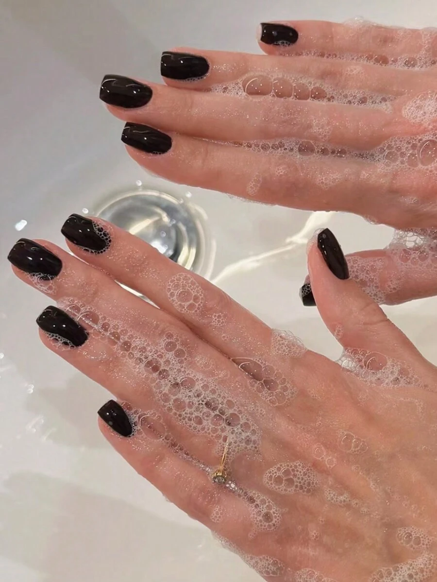 24片/包 方形美甲贴纸，纯黑色，简约风格，适合女性和女孩日常佩戴及约会美甲用品 - 黑色 - 查看 1