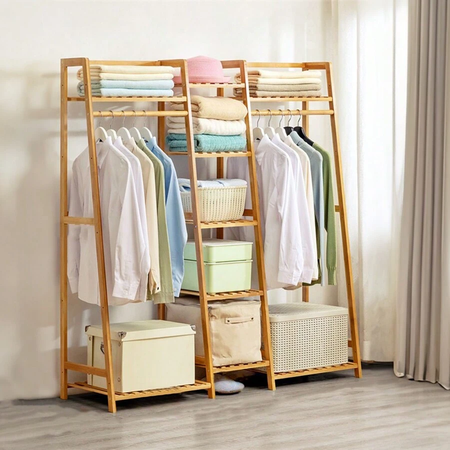 LIVINGANDHOME Living And Home Bamboo Trapezoid Clothing Rack With 5-Tier Storage Shelves Multi-Functional Clothes Hanging Rack Stand - Natural 130cm W X 40cm D X 140cm H - View 1