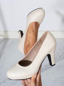 Women's Beige Slip-On High Heel Pumps, Versatile Office Shoes With Chunky Heels - Beige - View 2