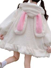 Kawaii Anime Bunny Ear Hoodies For Women Sweet Lovely Fuzzy Fluffy Rabbit Sweater Tops Cosplay Jacket Coats - White - View 5