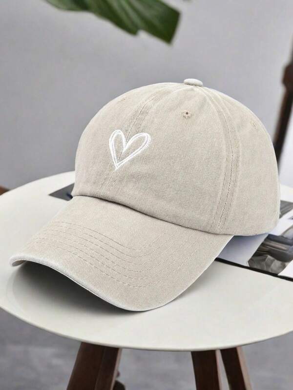 1 pieza Gorra de béisbol con borde curvado, acabado vintage desgastado y bordado de corazón para mujer, sombrero a juego de moda casual para pareja en vacaciones, regalo de San Valentín