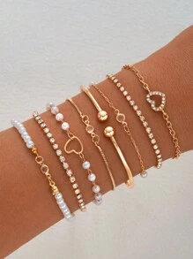 Set de joyería de 13/11/8 piezas, elegantes brazaletes dorados imitación de perla y pulsera abierta en forma de corazón, para uso diario y fiestas, accesorio multicapa, estilo vintage y elegante