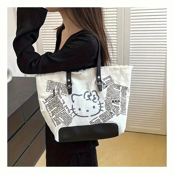Sanrio 1pc Casual Nylon Tote Bag With Adjustable Shoulder Strap, Zipper Closure And Nylon Lining, Large Capacity Commuter Shoulder Bag, Cartoon Printed Design