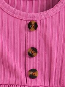 3pcs/Set Baby Girls Valentine's Day Floral Print Solid Color Ribbed Button Strap Dress Set - Hot Pink - View 5