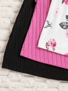 3pcs/Set Baby Girls Valentine's Day Floral Print Solid Color Ribbed Button Strap Dress Set - Hot Pink - View 11