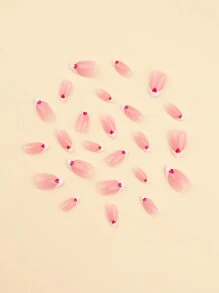 24片法式白色穿戴甲片 短杏仁形假指甲 紅心美甲 情人節秋季款 裸色美甲 指甲用品 - 彩色 - 查看 3