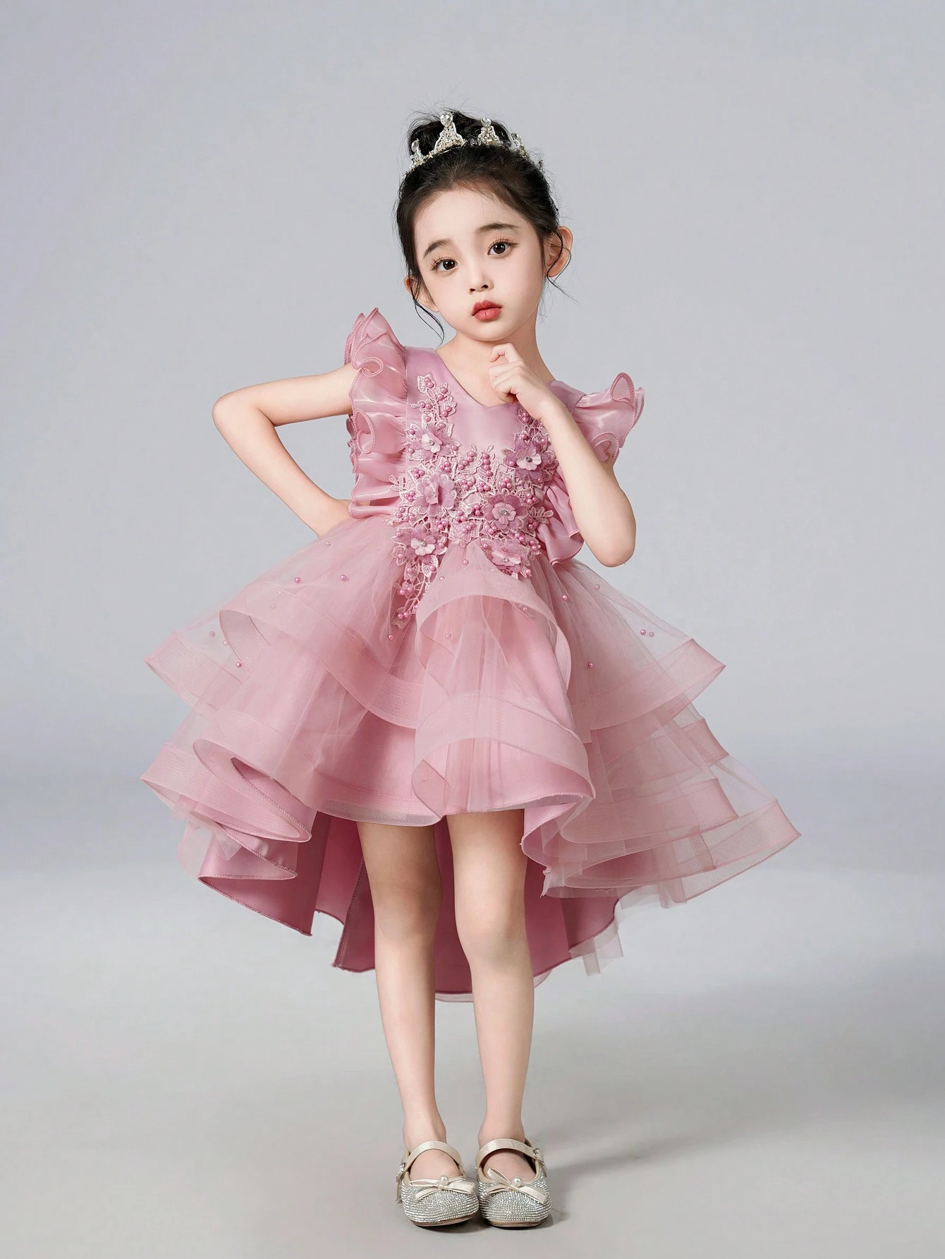 Robe de princesse mignonne et douce à ourlet volanté pour jeune fille, robe sans manches à voile brodée de fleurs pour anniversaire, fête, mariage, Noël, robe de fête pour enfants_voghion.com