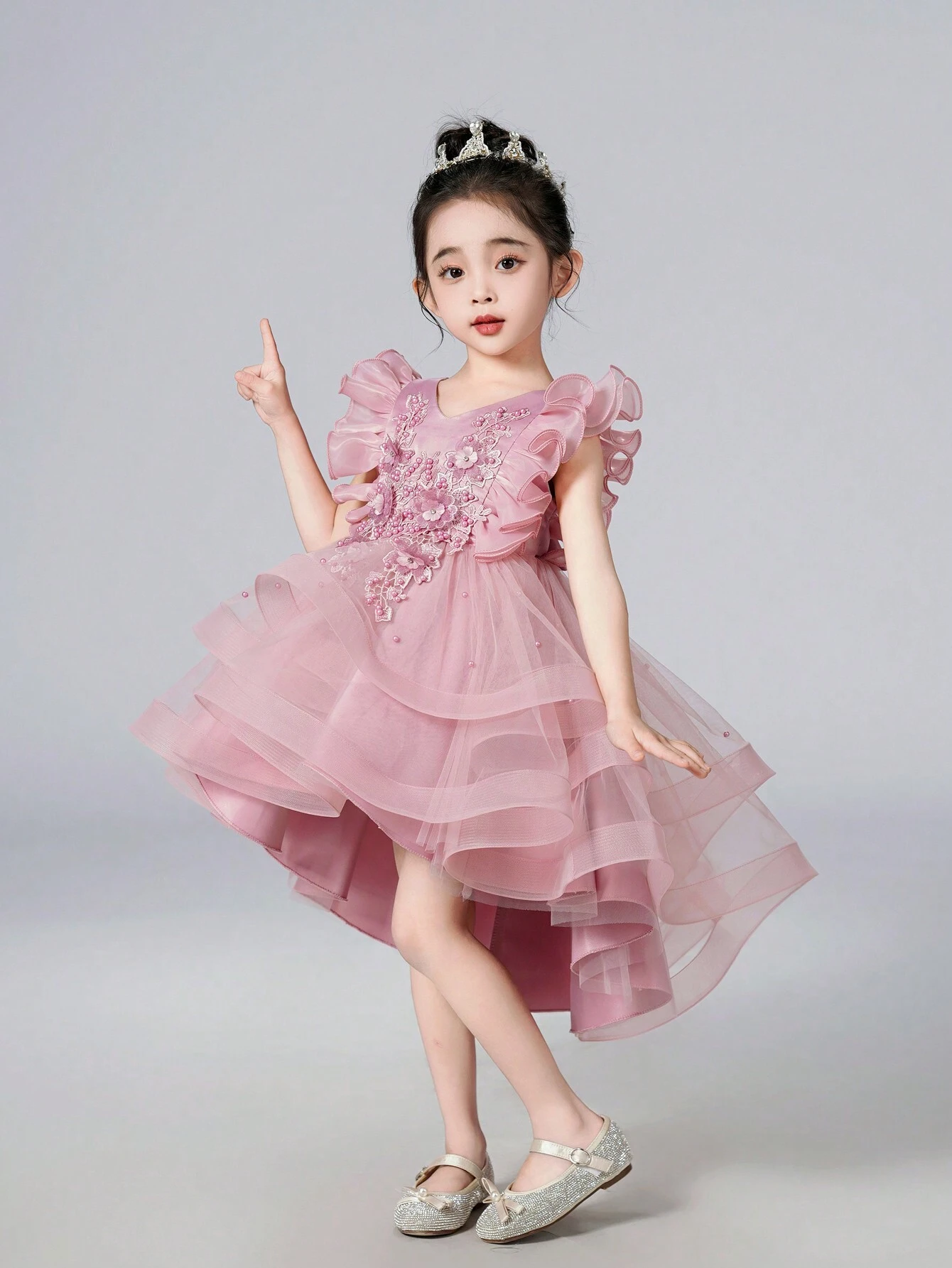 Robe de princesse mignonne et douce à ourlet volanté pour jeune fille, robe sans manches à voile brodée de fleurs pour anniversaire, fête, mariage, Noël, robe de fête pour enfants_voghion.com