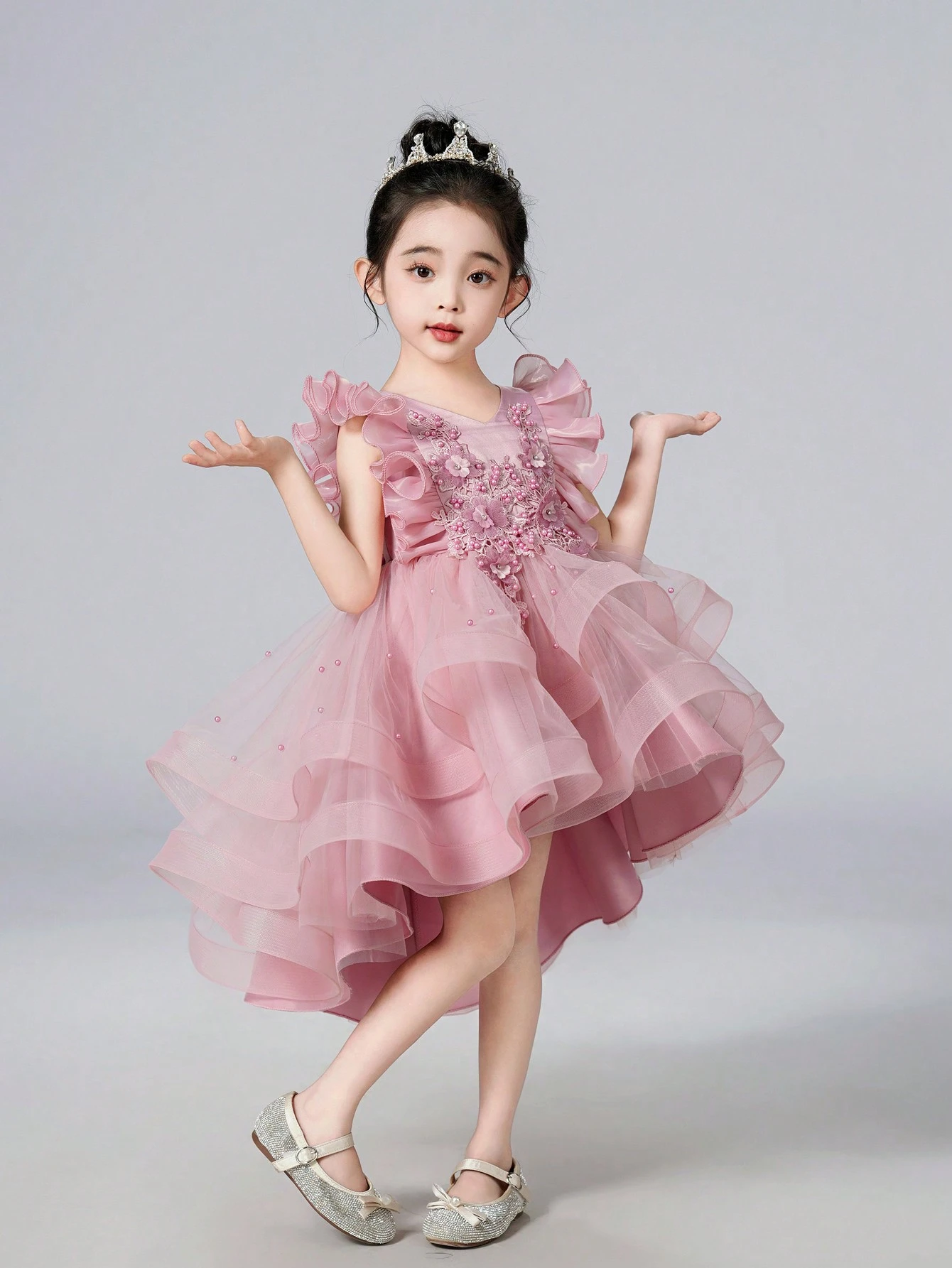 Robe de princesse mignonne et douce à ourlet volanté pour jeune fille, robe sans manches à voile brodée de fleurs pour anniversaire, fête, mariage, Noël, robe de fête pour enfants_voghion.com