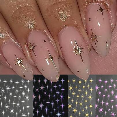 4pcs 3D Metallic Laser Gold Star Nail Stickers, French Manicure Decorative Nail Art Stickers, Y2K Nail Decals, DIY Nail Accessories. Apply On Nails, Then Top With Clear Nail Polish Or Glossy Top Coat For Longer-Lasting, Beautiful Nails.