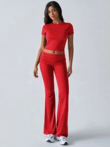 2 件套纯色短袖 T 恤和喇叭裤休闲运动服套装 - 紅色 - 查看 5