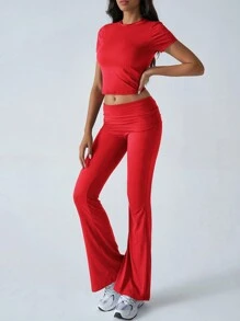 2 件套纯色短袖 T 恤和喇叭裤休闲运动服套装 - 紅色 - 查看 6