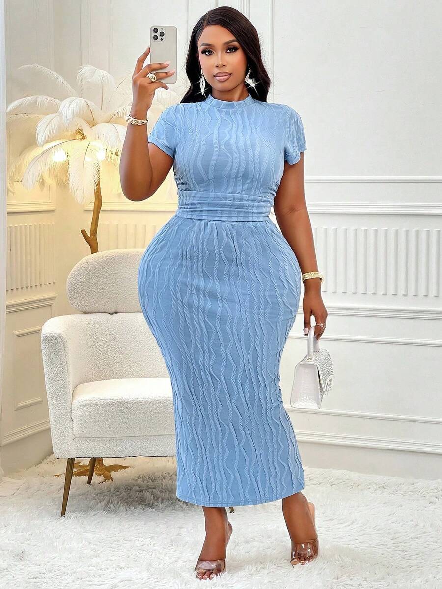 BIUBIU 2pcs/Set Women Summer Solid Color Crop Top & Bodycon Long Skirt - Sky Blue - View 1