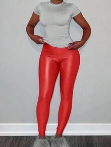 弹性腰部闪亮紧身裤，时尚精致闪光紧身裤，高弹力 - 桔紅色 - 查看 4