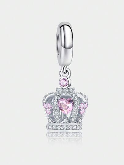 1Pc Fashionable 925 Sterling Silver Pink Crown Charm Bead Fit For Women Bracelets Bangles DIY Jewelry Making And Daily Outfit Matching Jewelry Decoration For Girls