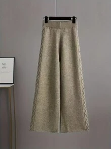 2pcs/Set Women Casual French Rib Knit Sweater And Knit Pants Set - Khaki - View 4