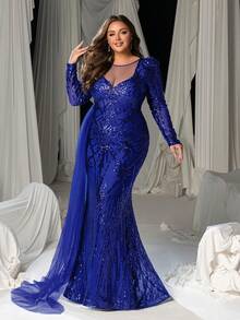 Faeriesty Curve Plus Elegant V-Neck Mermaid Evening Gown With Sparkling Sequins And Sheer Detachable Train For Women's Formal Banquet & Wedding Photography - Royal Blue - View 6