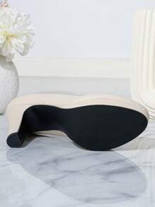 Women's Beige Slip-On High Heel Pumps, Versatile Office Shoes With Chunky Heels - Beige - View 4