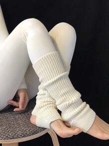 1 Pair Solid Rib Knit Leg Warmer, Simple Knee High Socks - White - View 4
