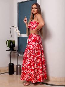 Women's Set Long Skirt And Cropped Strapless Tailored Fabric Floral Print Beachwear Summer Fashion REF: Valeria - 葉紅 - 查看 3