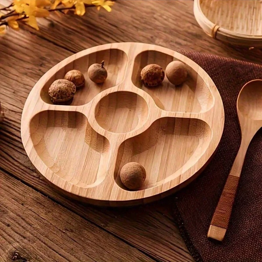 1 pieza Bandeja de estilo país de madera de acacia - Cesta de almacenamiento de madera redonda, adecuada para bocadillos, frutas y postres | Organizador de cocina y accesorio de decoración para el comedor - Color caoba - Ver 1