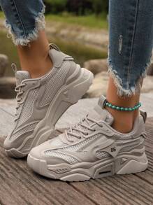 2024 Women Sports Shoes Platform Chunky Sneakers Grey Breathable Mesh Contrast Casual Shoes