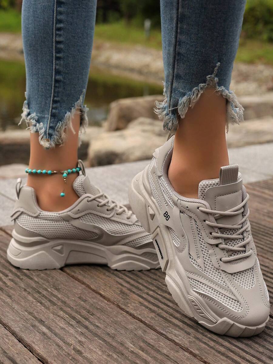 2024 Women Sports Shoes Platform Chunky Sneakers Grey Breathable Mesh Contrast Casual Shoes