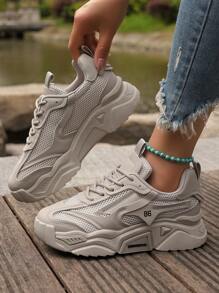 2024 Women Sports Shoes Platform Chunky Sneakers Grey Breathable Mesh Contrast Casual Shoes