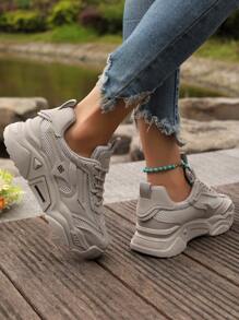2024 Women Sports Shoes Platform Chunky Sneakers Grey Breathable Mesh Contrast Casual Shoes