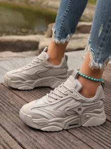2024 Women Sports Shoes Platform Chunky Sneakers Grey Breathable Mesh Contrast Casual Shoes