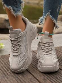 2024 Women Sports Shoes Platform Chunky Sneakers Grey Breathable Mesh Contrast Casual Shoes