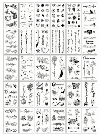 30 款创意精致的临时纹身贴纸，带有黑色蝴蝶花朵和文字设计，适用于手指、手腕和小身体部位