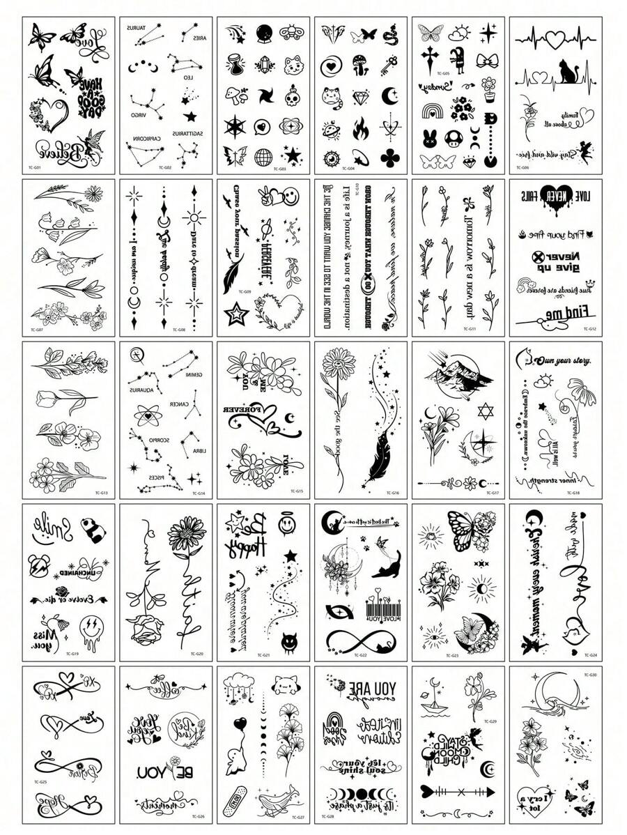 30 款创意精致的临时纹身贴纸，带有黑色蝴蝶花朵和文字设计，适用于手指、手腕和小身体部位
