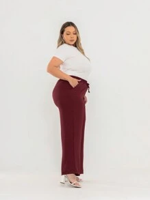 PLUS SIZE PANTS, WIDE LEG, HIGH WAIST WITH ELASTIC DUNA FABRIC - Màu Đỏ Sâu - Xem 6