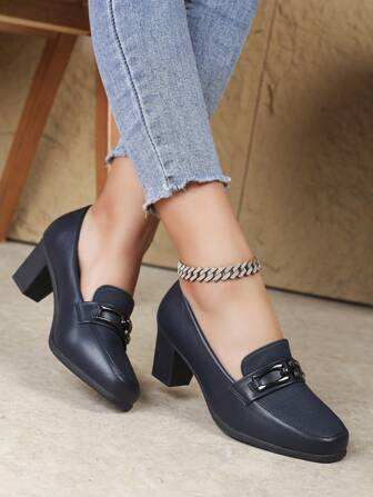 Women's Block Heel High Heels, Black, Versatile Stylish British-Style Square Toe Work Shoes