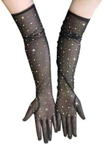 1 双纯色休闲涤纶水钻透明网眼薄手套，透气，轻便，适合日常外出、节日、所有季节 - 黑色 - 查看 3