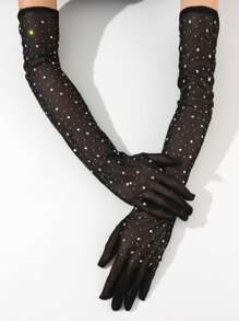 1 双纯色休闲涤纶水钻透明网眼薄手套，透气，轻便，适合日常外出、节日、所有季节 - 黑色 - 查看 1