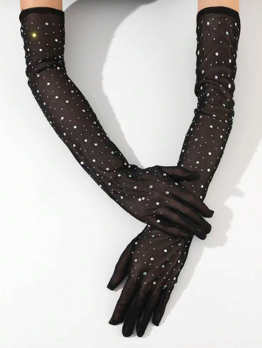 1 双纯色休闲涤纶水钻透明网眼薄手套，透气，轻便，适合日常外出、节日、所有季节 - 黑色 - 查看 1