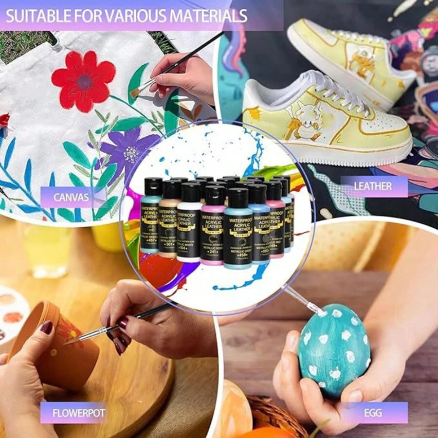 Kit de pintura acrílico para zapatillas, zapatos, bolsos y talla grande - 12/18 colores vibrantes, incluye finalizador y 6 pinceles con paleta - Juego de pintura flexible e impermeable para artistas y manualidades, 24/36 colores de pintura acrílico, 75ml de colores de pintura acrílico
