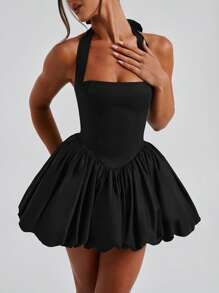 Women Y2K Halter Bubble Mini Dress Sexy Open Back Tie Up Backless Corset Short Puff Dress Party Cocktail Clubwear - Black - View 5