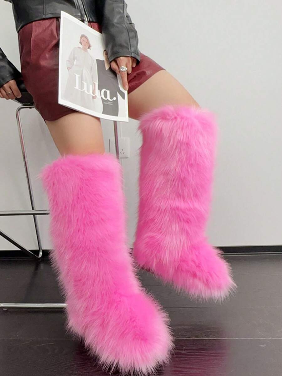Mid Calf Boots For Women Faux Fur Boot Furry Fluffy Round Toe Suede Winter Comfy Plush Warm Short Outdoor Indoor Flat Shoes Knee-High Boots - 粉色 - 查看 1