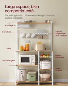 VASAGLE Étagère de Cuisine, Meuble de Rangement, Îlot de Cuisine avec Support Magnétique pour Couteaux, Panier Métallique, Support pour Essuie-Tout, 12 Crochets, Beige chêne, blanc classique - Beige chêne, blanc classique - Voir 3