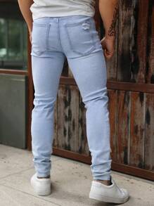 Men's Elastic Faded Distressed Light Wash Denim Jeans - Light Wash - View 2