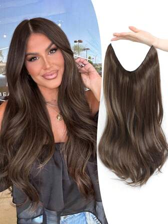 隐形接发 18 英寸波浪光环接发 带可调节 2 个夹子 柔软透明蕾丝自然长波浪接发 女士 - 浅棕色