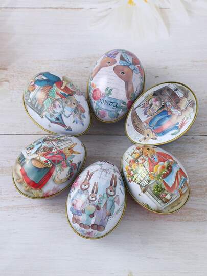 6 st mini påskkanin godisask i järn, presentask, förvaringsask med vintage kanin och målade äggskal, godisaskar med glad påsk, presentförpackningar, påskfestdekorationer, påskfestgåvor, förpackning i metallplåt