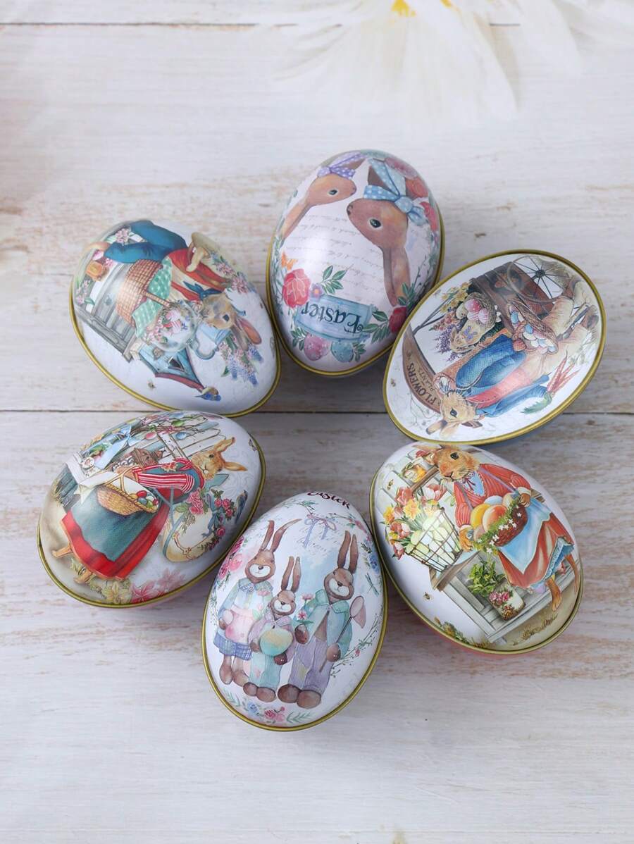 6Pcs Mini Easter Rabbit Iron Candy Box,Gift Box,Vintage Bunny Painted Eggshell Storage Box,Happy Easter Candy Boxes,Gift Packaging,Easter Party Decor Supplies,Easter Party Favors,Packaging Metal Tin Box - Multicolor - View 1