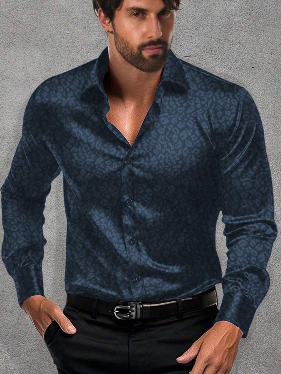 Men's Geometric Print Long Sleeve Casual Commuter Shirt, Spring And Summer - Navy Blue - View 1