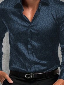 Men's Geometric Print Long Sleeve Casual Commuter Shirt, Spring And Summer - Navy Blue - View 3