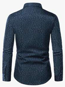 Men's Geometric Print Long Sleeve Casual Commuter Shirt, Spring And Summer - Navy Blue - View 2